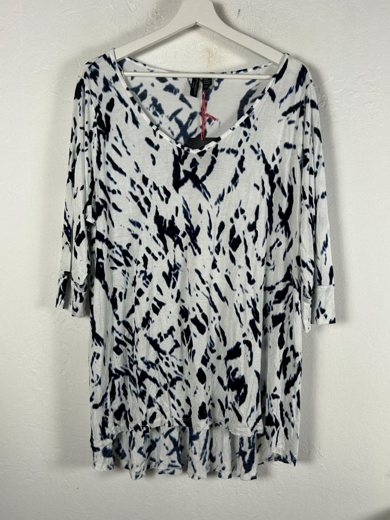 Cynthia Rowley Womens White Blue Abstract Print 3/4 Sleeve V-Neck Top 2x New
